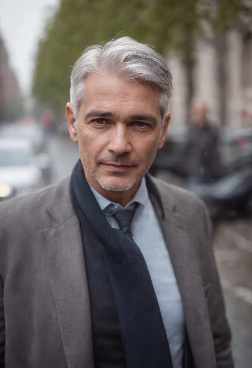 one business man age 45 yers old, handsome, walking on the road in the city, grey hair, morning rain