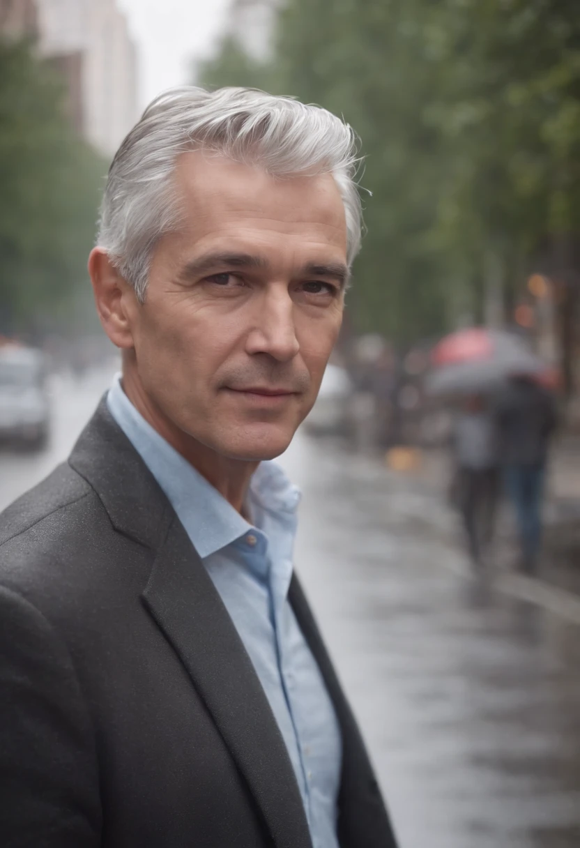 one business man age 45 yers old, handsome, walking on the road in the city, grey hair, morning rain