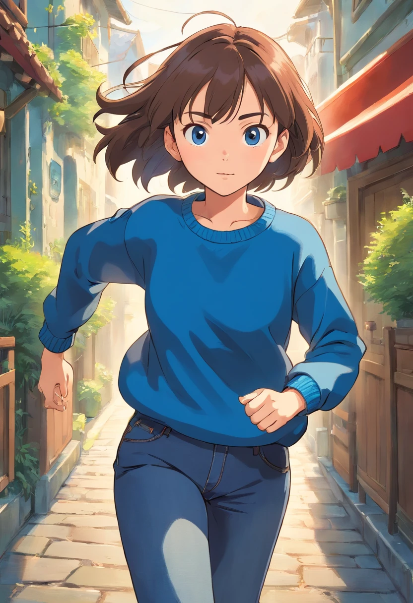 Girl in blue sweater running and wearing jeans