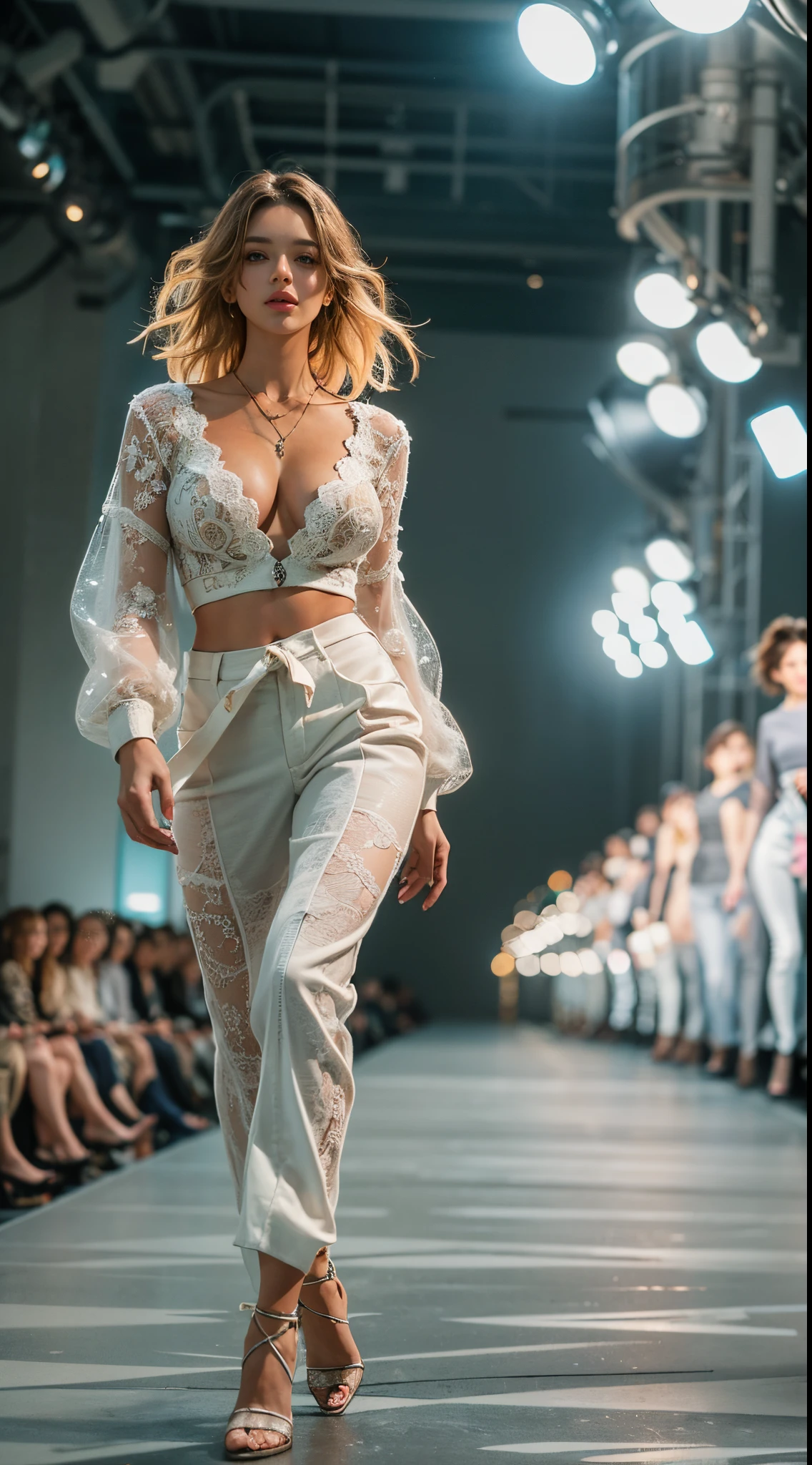 , 8k, best quality, highres, realistic, real person, A dynamic scene of a female model walking confidently down a runway, surrounded by a large audience under bright lights. The model is elegantly dressed in a high-fashion outfit, with the spotlight focused on her. She exudes confidence and grace as she strides forward. The audience is captivated, and the atmosphere is vibrant and glamorous, capturing the essence of a high-end fashion show. High-waisted pants, cropped sweater, lace-up heels, , cleavage, beautiful legs, long beautiful legs, beautiful waist, exposed belly button