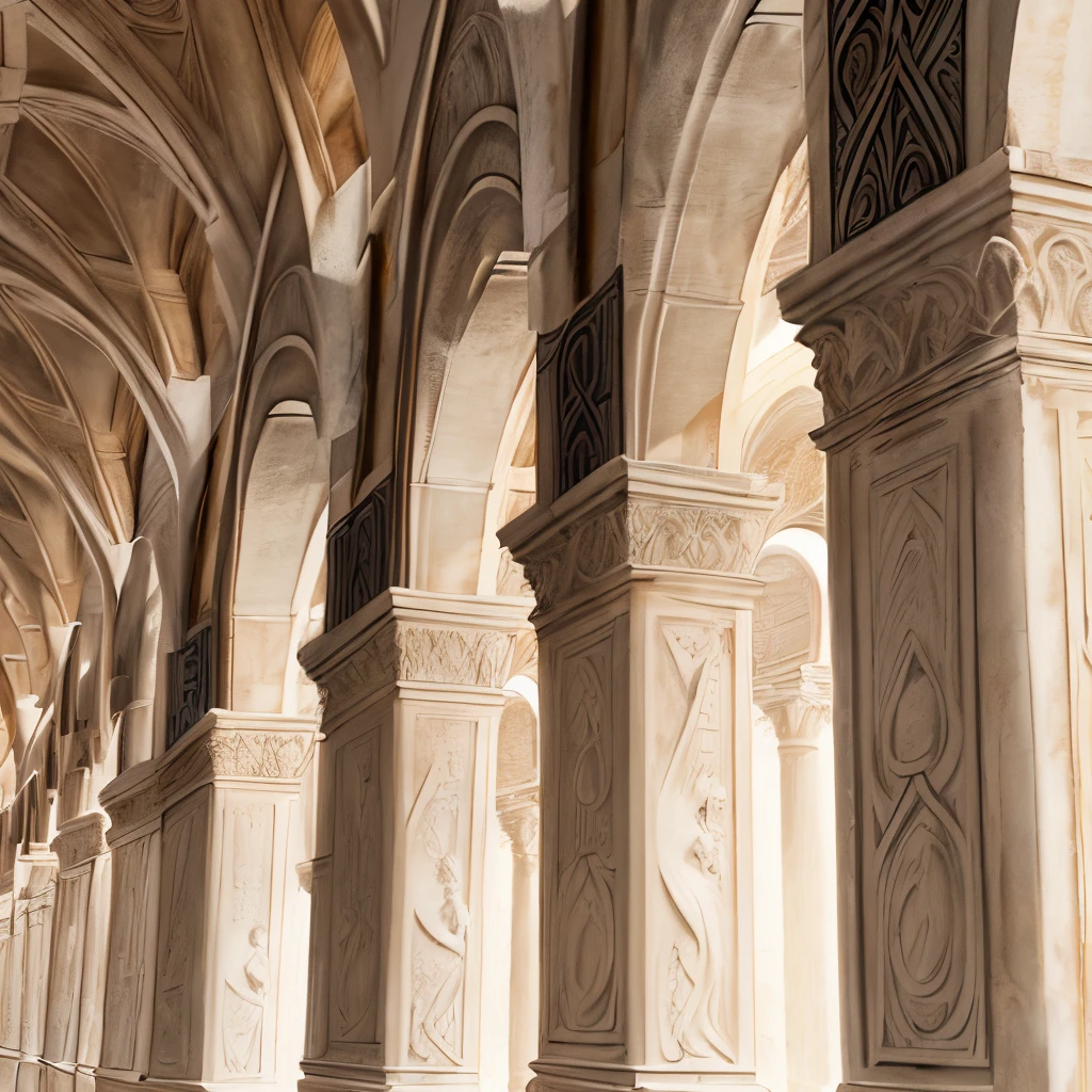 an art piece similar to school of Athens with renaissance architecture buildings with arches.  Add baby angels to the back that are holding bows and arrows and a peach pale tone colored