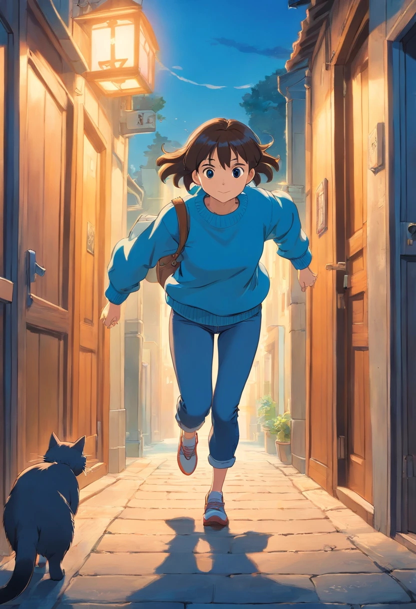 Girl in blue sweater runs up and squats sideways in jeans looking at cat