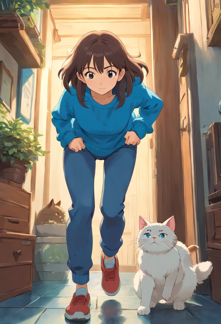 Girl in blue sweater runs up and squats sideways in jeans looking at cat