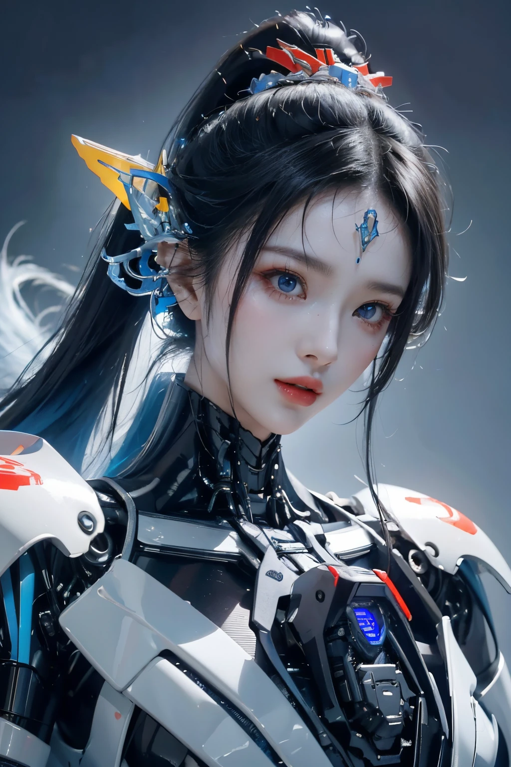 tmasterpiece,Best quality at best,A high resolution,8K,(portrait),(Close up of avatar),(RAW photogr),real photograph,digital photography,(cyberpunk queen),20岁女孩,long ponytail hairstyle,By bangs,(Black and blue gradient hair),(Glowing red eyes),Devil Eyes,Serious and charming,Mechanical body,Blue glowing electronic components,Red wires and tubes connect the body,Complex golden electronic texture,Weird technology symbols,Green round forehead symbol,Luxurious mechanical crown,Keep your mouth shut,(Mechanical Woman),Photo pose,cyber punk perssonage,Future Style,gray world background,oc render reflection texture