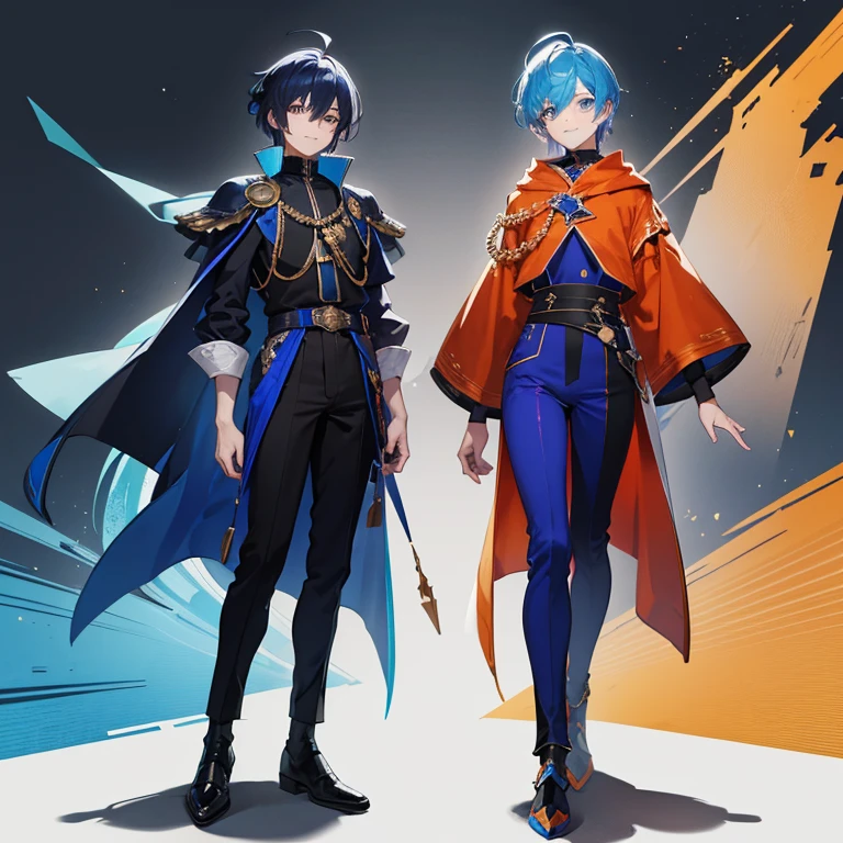 male people,Den's hair has a blue gradient at the bottom,ultramarine blue pupils,Short orange sleeves,Purple cloak,Black trousers with orange accents,one blue and one orange shoe,standing in a square,Look at the camera with a smile