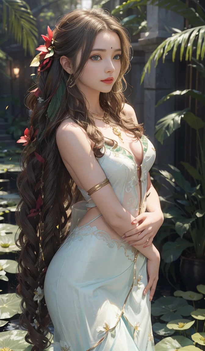 aerith gainsborough,a girl,wearing an elegant 100% transparent saree,curly long hair,deep green eyes,shiny red lips,brown skin,lotus flower in her hair,bindi on forehead,palms decorated with henna,in a blooming garden,bright colorful flowers,green grass,blue sky,sunshine falling on her,peaceful and serene expression,subtle smile on her face,fingers delicately touching flower petals,body language full of grace and elegance, scenic beauty,painting as medium,detailed and vivid,high-resolution image,photorealistic rendering,vibrant colors,soft and warm lighting, her exposed, pussyd clitoric ce seen