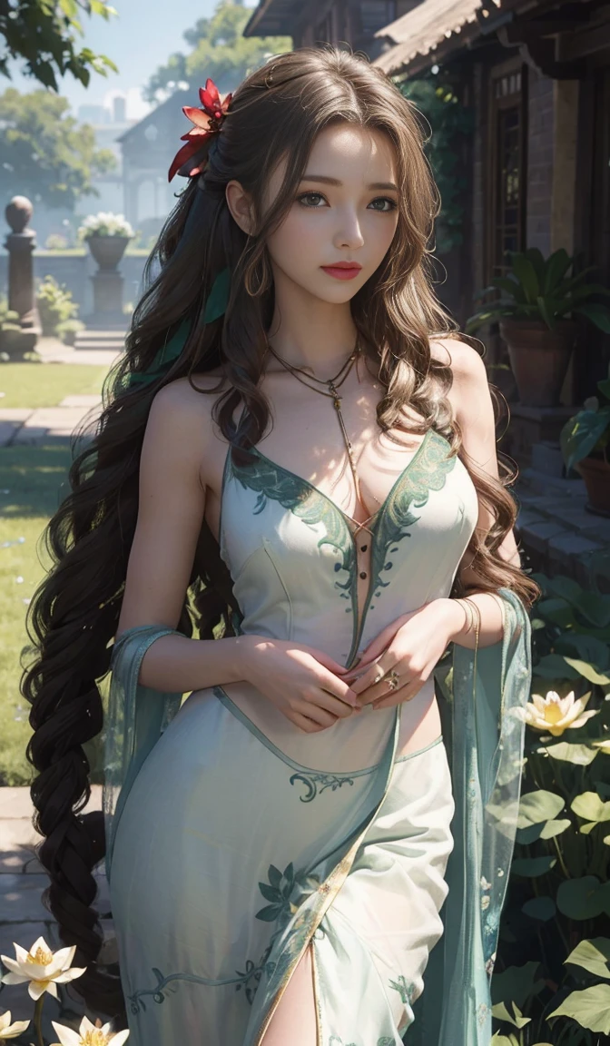 aerith gainsborough,a girl,wearing an elegant 100% transparent saree,curly long hair,deep green eyes,shiny red lips,brown skin,lotus flower in her hair,bindi on forehead,palms decorated with henna,in a blooming garden,bright colorful flowers,green grass,blue sky,sunshine falling on her,peaceful and serene expression,subtle smile on her face,fingers delicately touching flower petals,body language full of grace and elegance, scenic beauty,painting as medium,detailed and vivid,high-resolution image,photorealistic rendering,vibrant colors,soft and warm lighting, her boobs exposed, pussy,  and clitoric can be seen