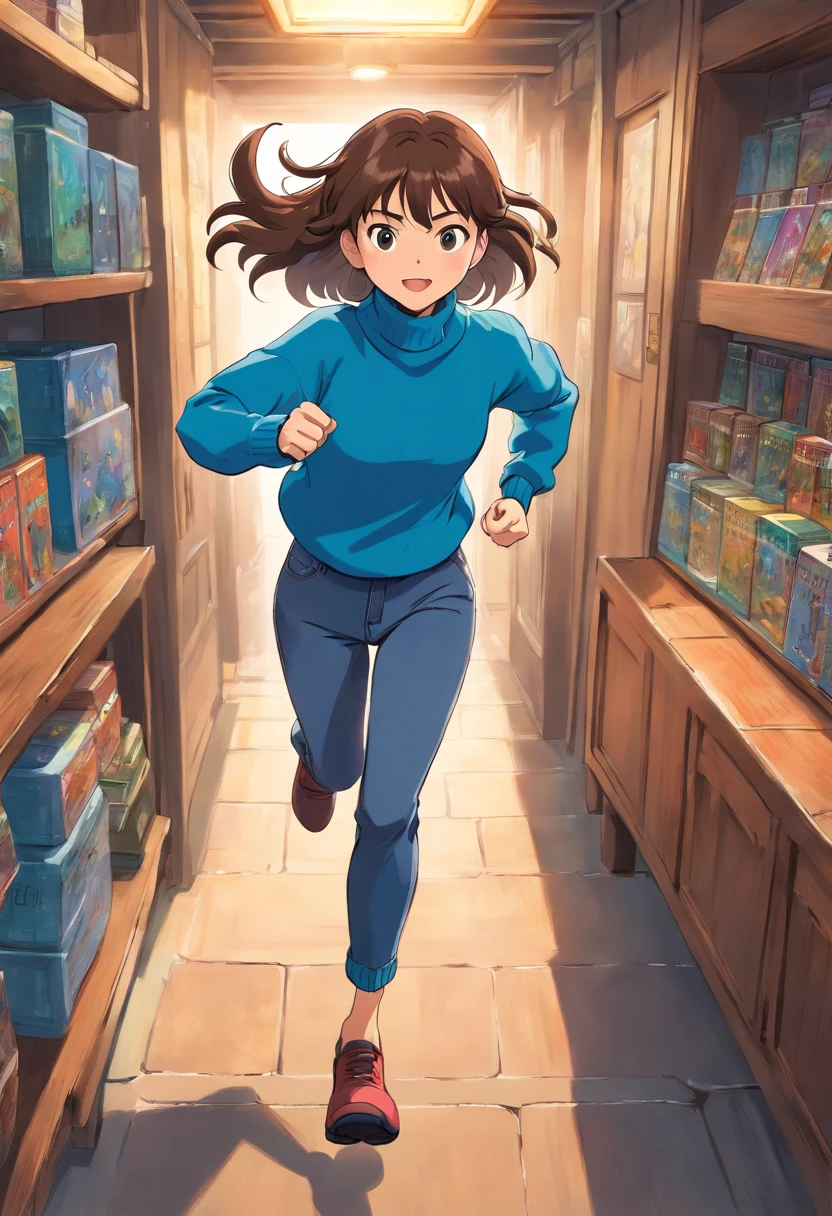 Girl in turtleneck blue sweater running and wearing jeans