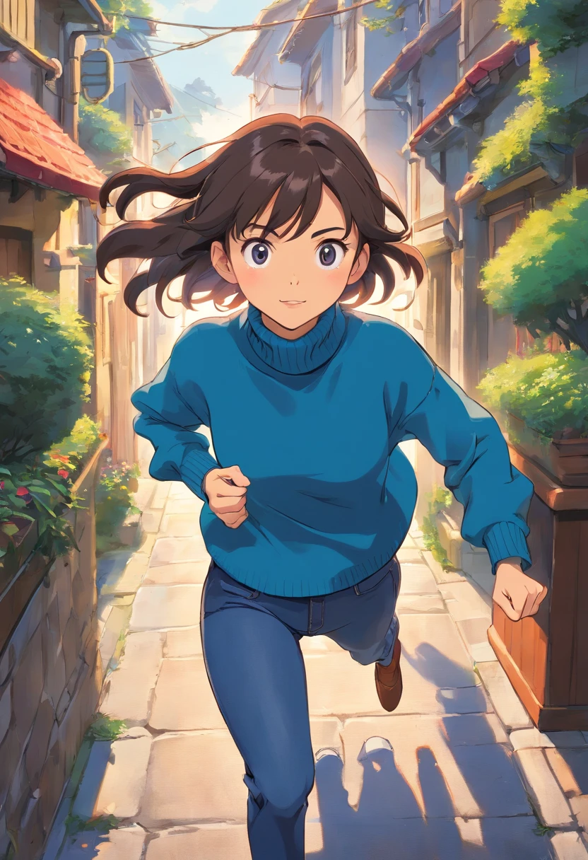 Girl in turtleneck blue sweater running and wearing jeans