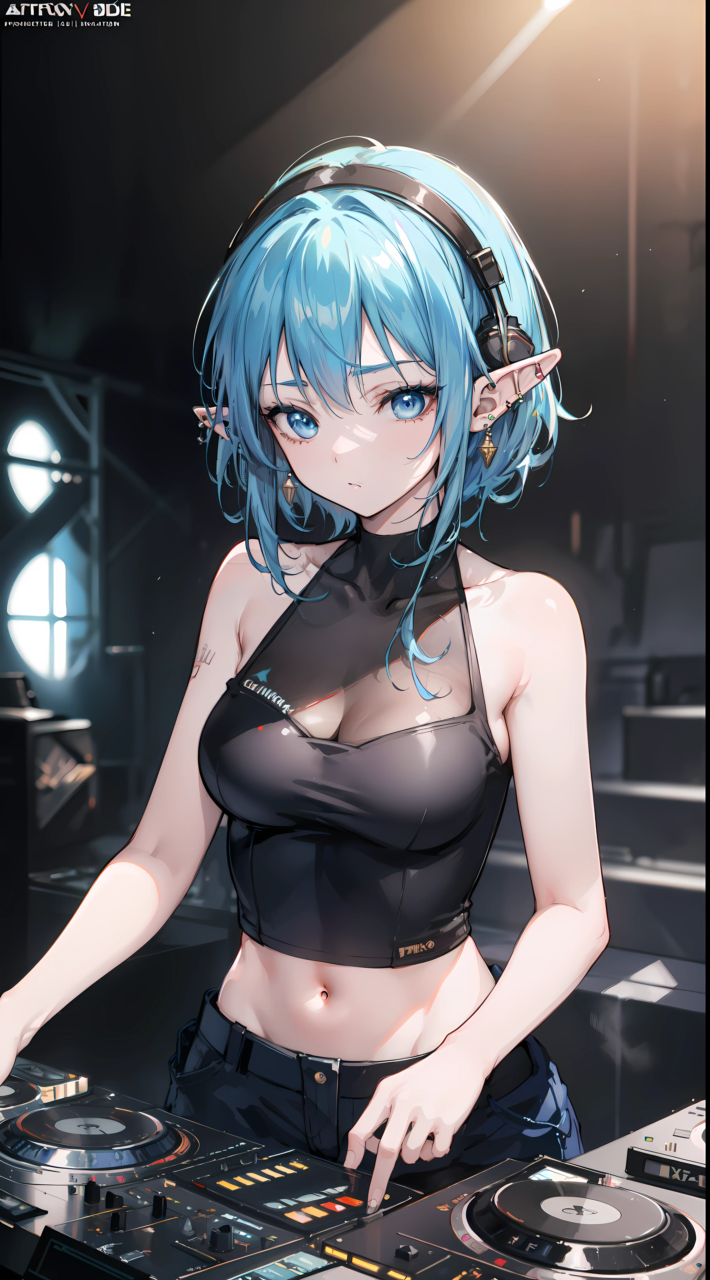 highest quality,masterpiece,1 Girl,Green Hair,Short Hair,Light blue eyes,((Pink Cat Ear Headphones)),nude,Black overalls,Black ruffles,Light blue yellow hairpin,((Black ruffle skirt)),Open your mouth,undressing,indoor,((paizuri,1boy,breast in 1penis,cum in breasts,)),((small chest)),Chibi,in heat,steam, 