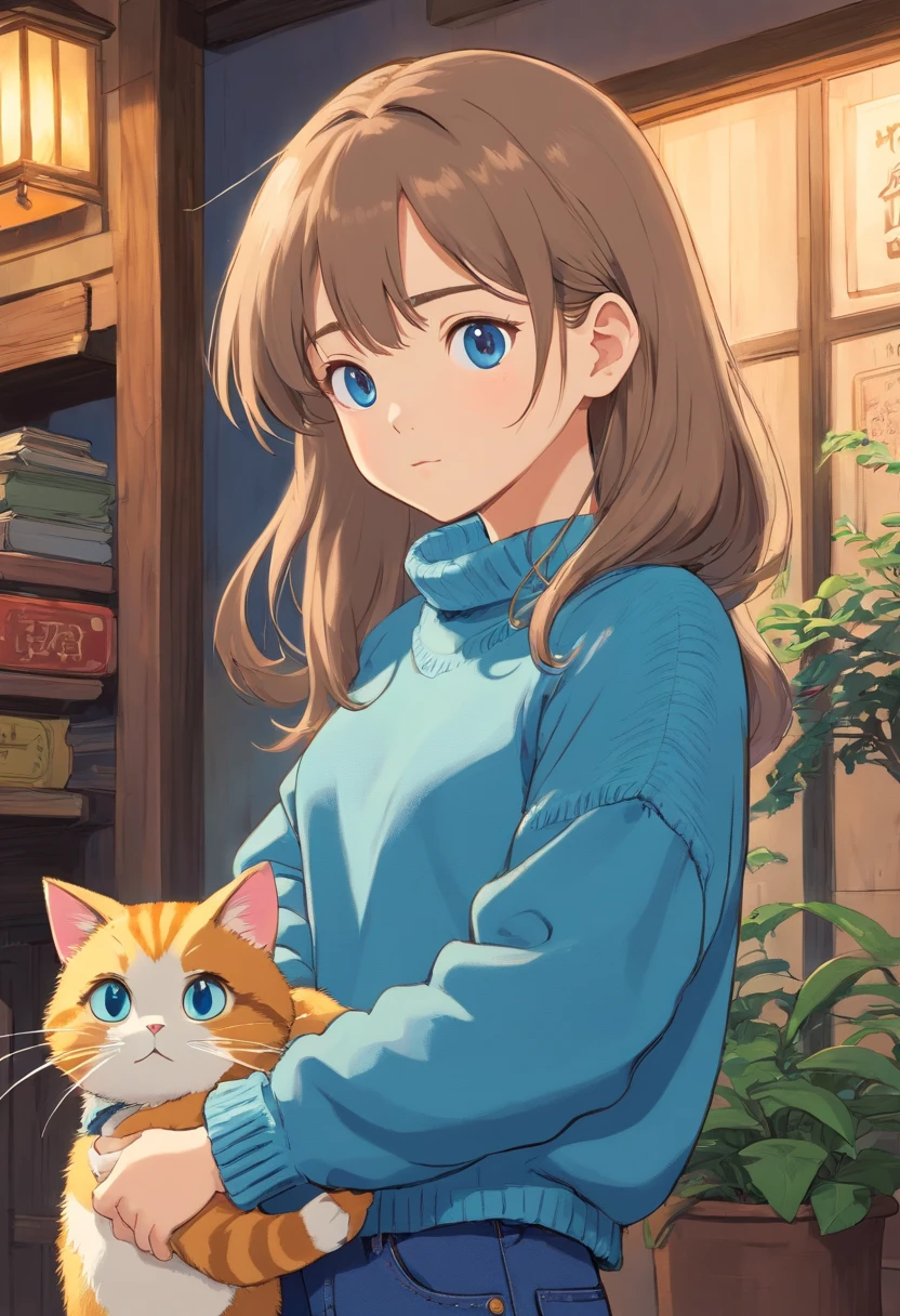 Girl in blue sweater looking sideways at cat wearing jeans