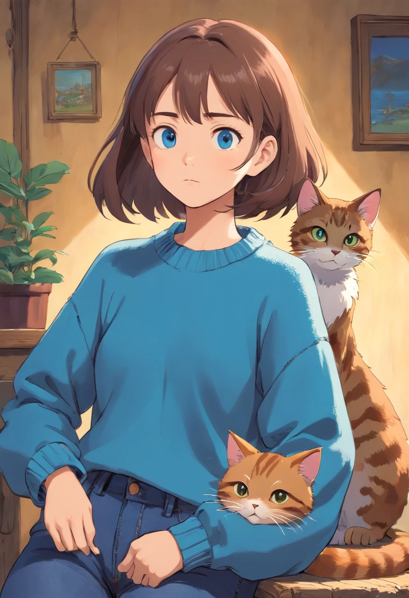 Girl in blue sweater looking sideways at cat wearing jeans