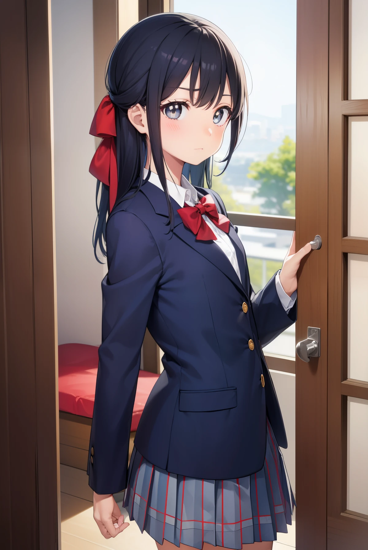 Nicoyazawa, Nico Yazawa, cabelos pretos, (olhos vermelhos:1.5), Caudas duplas, hairbow, arco, red bow, (peito achatado:1.2),
Blazer quebrar, saia azul, suit jacket, Uniforme escolar de Otonokizaka, saia plissada, Uniforme escolar, uniforme de inverno,
quebrar olhando para o espectador,
ARROMBAMENTO dentro de casa, sala de aula, 
quebrar (master part:1.2), best quality, high resolution, Unity 8k papel de parede, (illustration:0.8), (belos olhos detalhados:1.6), Rosto extremamente detalhado, perfect lighting, CG extremamente detalhado, (perfect hands, anatomia perfeita),