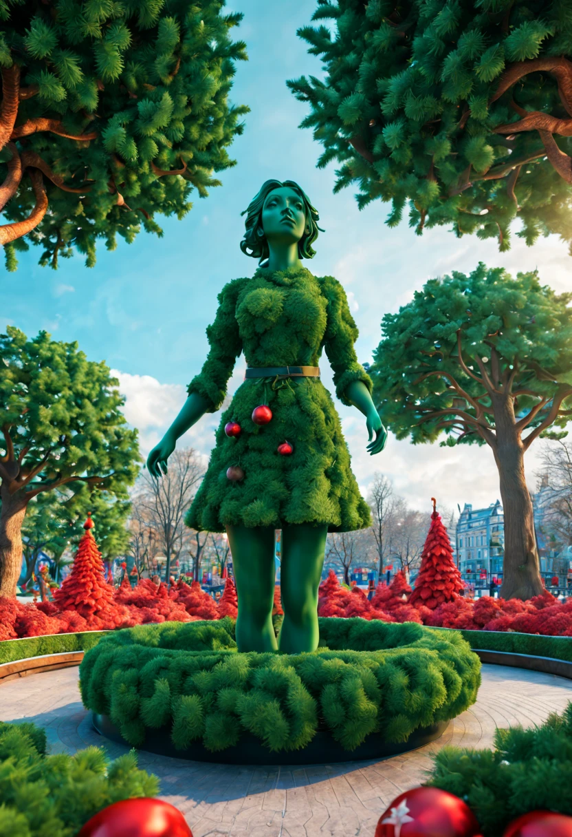 plant sculpture in park square, (Sculpture symbolizes lovey girl), (nature theme park), Christmas color, Evergreen, (best composition), ultra-wide-angle, octane render, enhance, intricate, (best quality, masterpiece, Representative work, official art, Professional, unity 8k wallpaper:1.3)