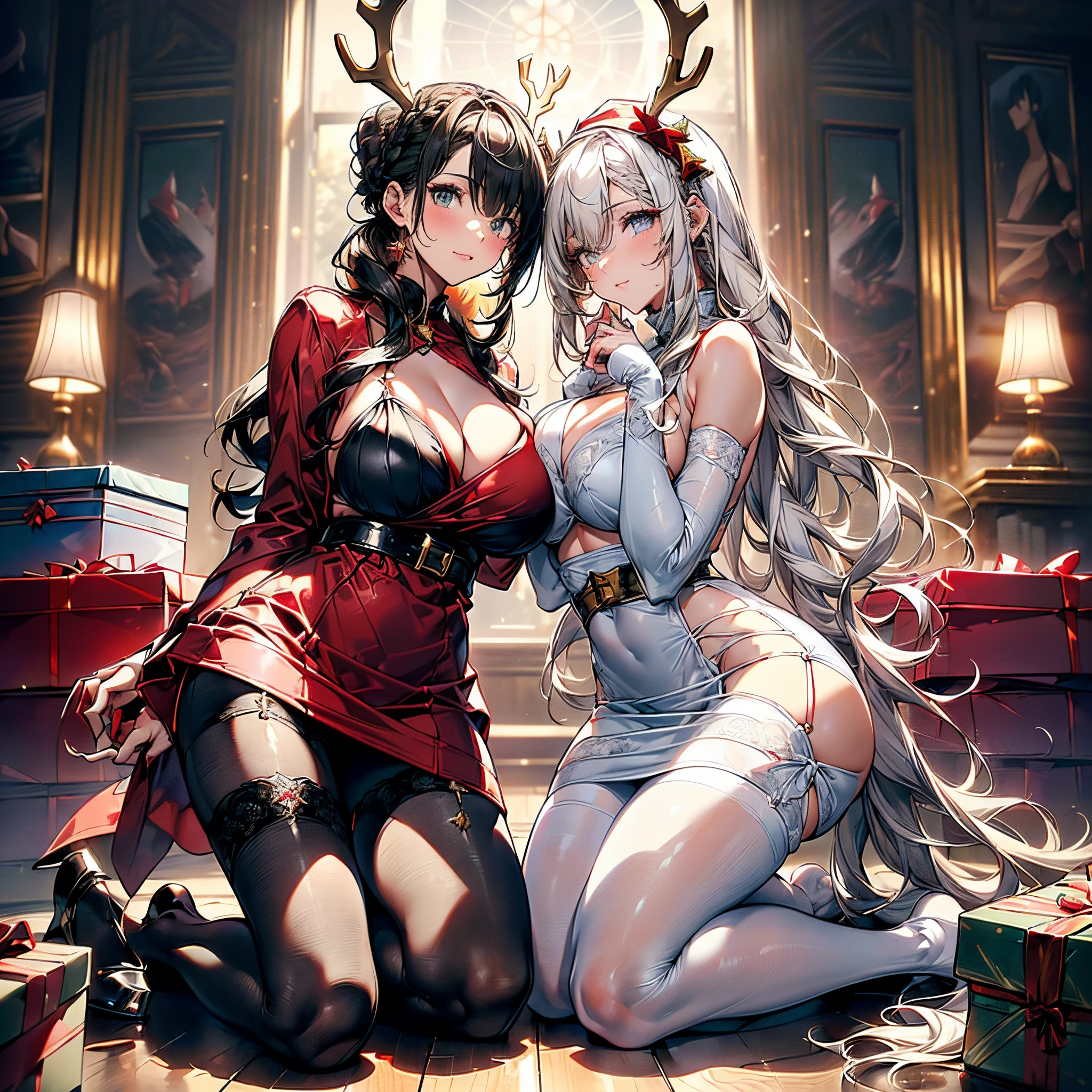 ((3 girls group photo:1.37, threesome playing around, with hugging from behind)), (Scine of Xmas events in Home party:1.3), Nordic, ((matured girl wearing Sexy Santa clause costume with far:1.3, red dress with green tie:1.2, one of them wearing reindeer horns head band, holding a present box in both hands to give viewers:1.2, close to viewers:1.2, harass sexually:1.25)), a matured woman with long black hair and a red outfit, red winter coat with bore, scarfs, green ribbon tie, knee length long boots, red and green winter outfits, holding present box with wrapping by ribbon:1.5, Christmas tree decorated with many ornaments:1.2, Christmas wreath, white bags on a sled, wearing red pencil skirt, full bodyesbian, fine details, beautiful anime illustration, 26 years old, (milf:1.3), ((trio:1.5)), (sfw:1.25), (sagging breast, fuge breasts, big tits, thin waist, big ass:1.2), Raised sexy, (dark mahogany medium short hair, updo, hair over one eye, asymmetric hair, Carly hair, low tied braids), (musulman, white Headscarfs, hair bands, head vandage, Turban), (ultra high resolution, 8K RAW photo, photo realistics, thin outline:1.3, clear focus), best qualtiy, cinematic lighting, textile shading, blurry back ground, field of depth, bokeh, (Bright fine pupils:1.2, high detailed beautiful eyes with highlight:1.3, super detailed eyes, high detailed face), Red lip, fine realistic skins:1.1, looking at viewers:1.3, (dynamic angle:1.3, full body:0.6, front view:0.6, breast focus:1.3, from below:1.2), (dynamic posing:1.5, multi posing, sexy posing:1.2, kneeling:1.2, leaning forward:1.4), (seductive, sexy smile:1.4), centered image, (wearing red long coat with bore and clothes, ((bare breast:1.37)), gold ornaments, rolling red clothes around waist, dark red long leather boots:1.3, translucent white lace pantyhose), (((correct anatomy:1.5, perfect hands:1.5, ideal ratio body proportions:1.37))), (in a night:1.3)