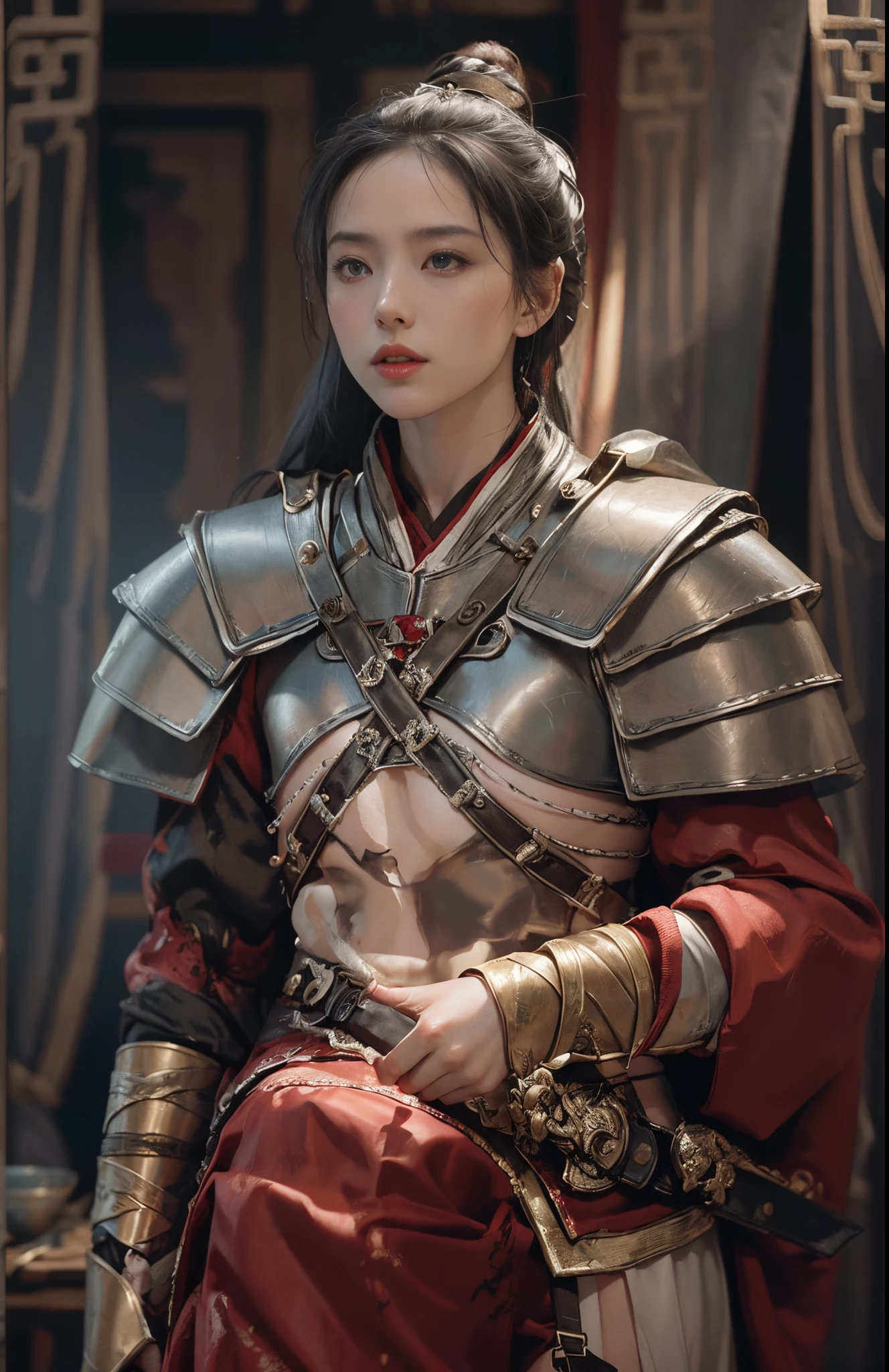 （active attention），（In the darkness of the night：1），（Best quality），（Fidelity：1），realistic skin textures，The content is very detailed，8k wallpaper，Volumetriclighting，动态照明，one-girl，red shawl，Silver armor，Open waist，bared  chest，open belly button，Show legs，A small amount of armor，Scapular，Waist Guard，Hand Guard，Wear a veil，riding a red horse，put the dagger in front of you，Ancient Chinese wind，outrun，jogging，run away，Be hunted down，Short sword at the waist，attack pose，blood stain，Torn clothes，Ancient Chinese Battlefield，A group of ancient soldiers are chasing，Arrows Flying，There are a lot of wars，During the day，Under the sunlight，Dramatic composition，