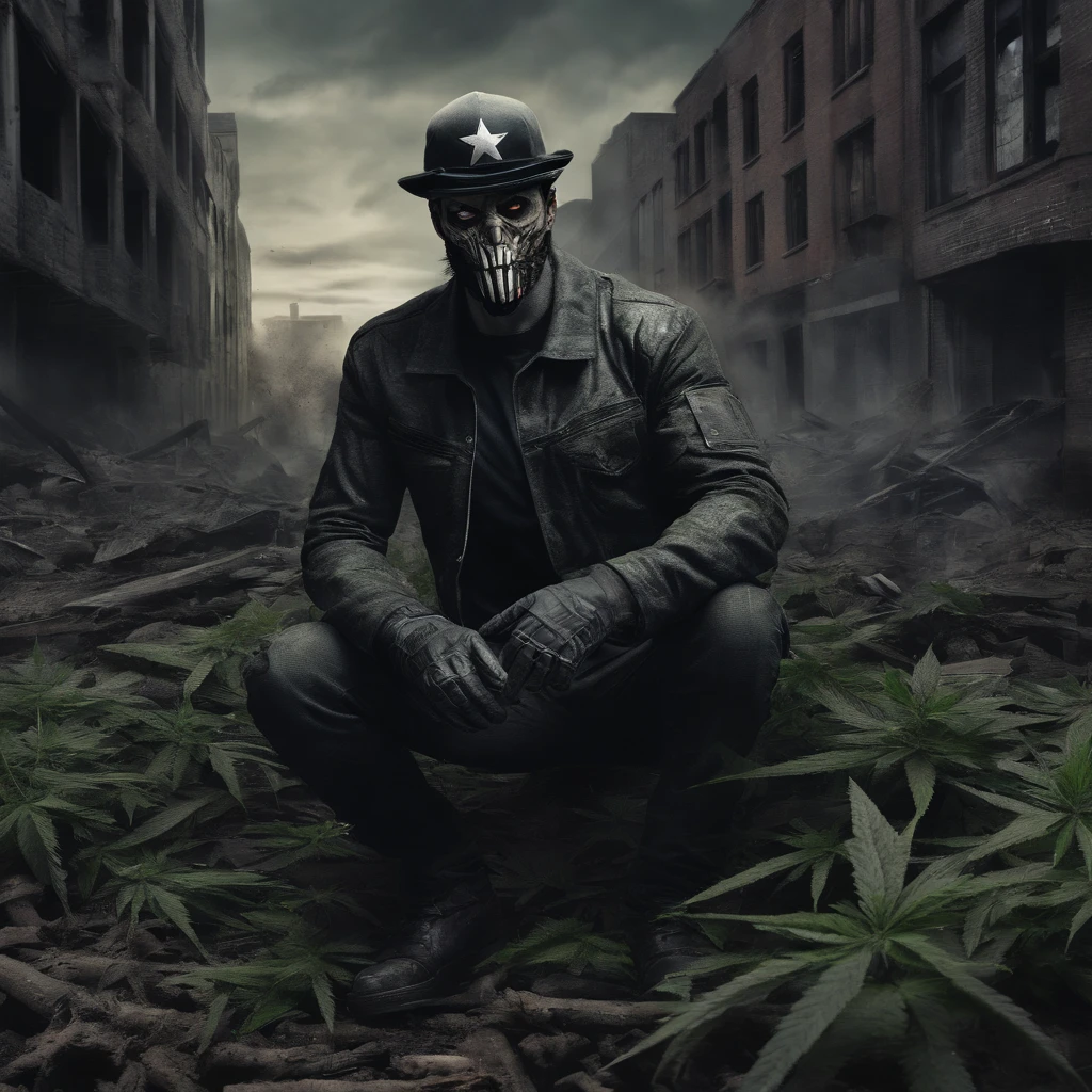 Captain America covered in marijuana wearing a BLACK flat cap hat is SMOKING MARIJUANA in the middle of the abandoned city