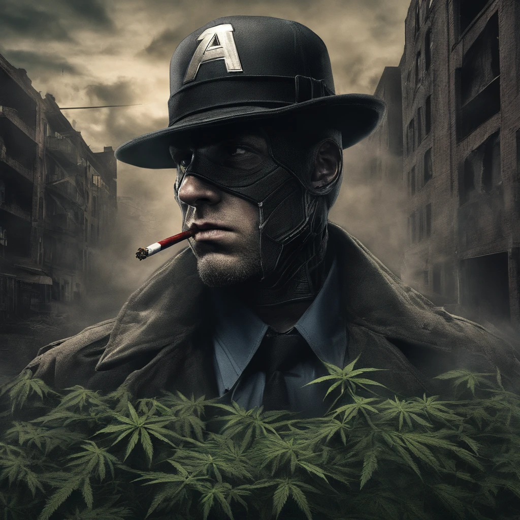 Captain America covered in marijuana wearing a BLACK flat cap hat is SMOKING ????????? in the middle of the abandoned city