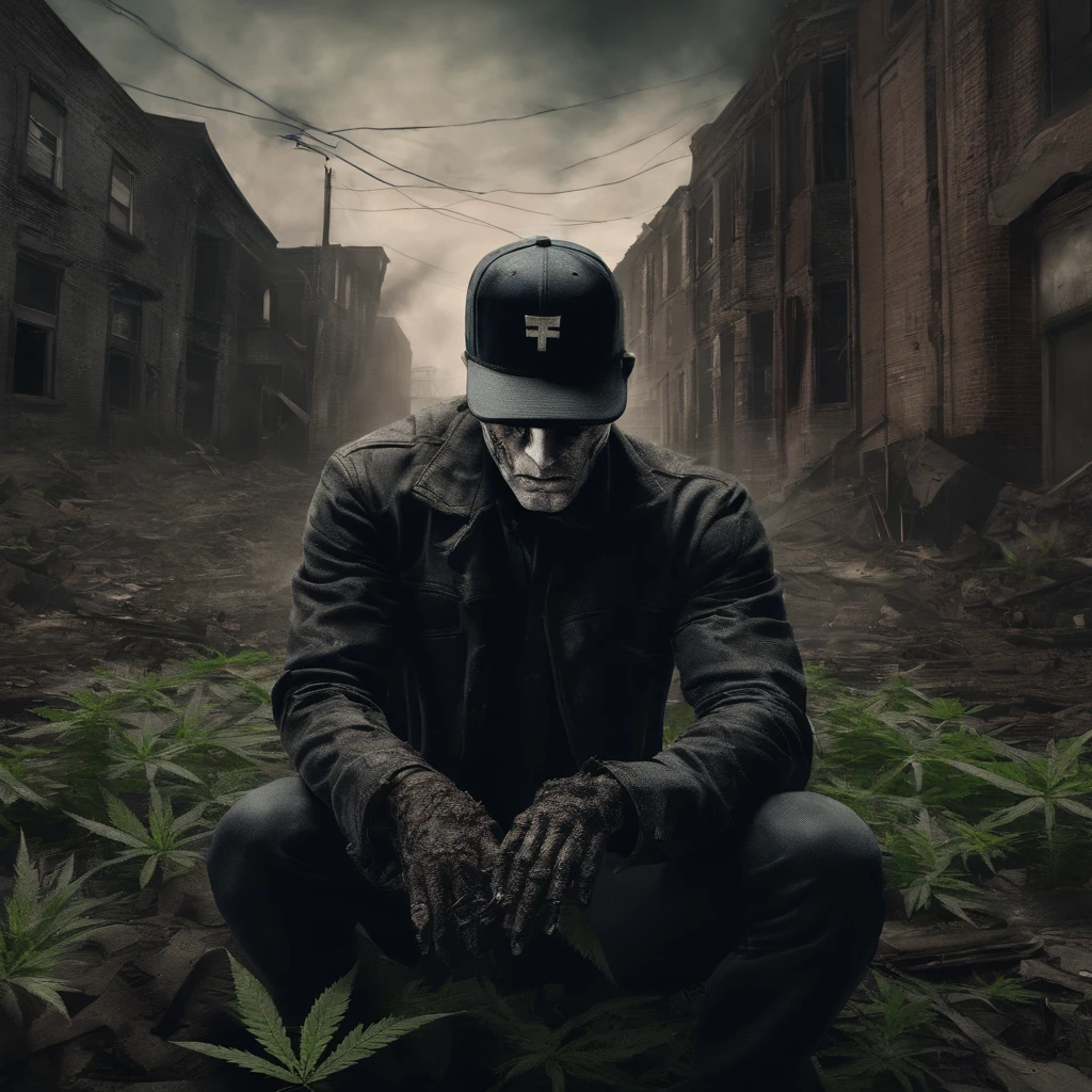 Hlín covered in marijuana wearing a BLACK flat cap hat is SMOKING MARIJUANA in the middle of the abandoned city