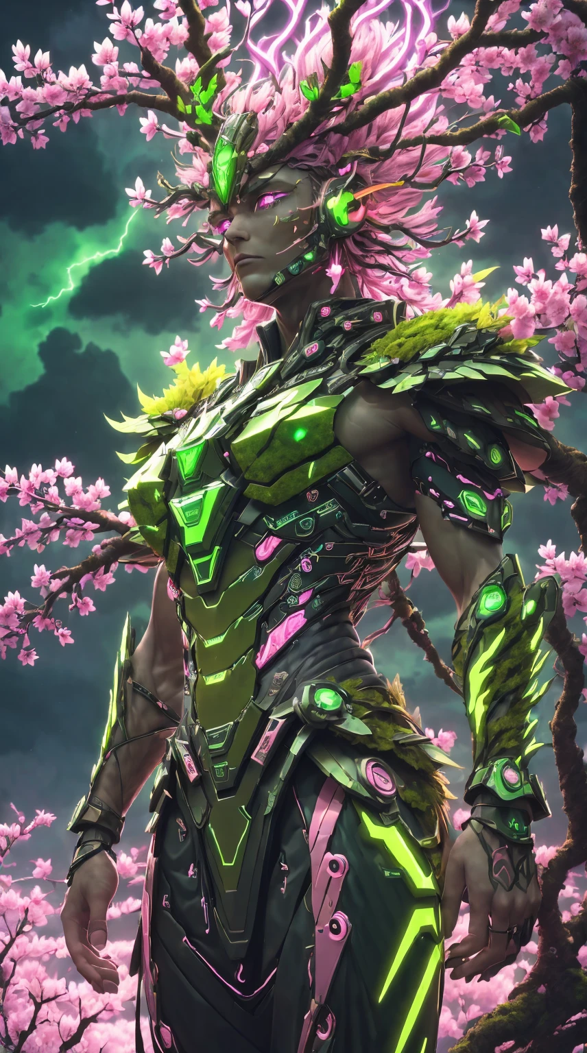 (A queen)，(Cyberpunk Treeman)，metal leaf，Wired branch，glowing light eyes，mechanical bark，bark covered with moss，tribe outfit，majestic figure，(ancient tribal markings)，Control the tendrils extending from the arms，Neon lights dance on the body，(Lightning around branches and leaves)，(peach blossom)，The petals are soft and delicate，vibrant with colors，(A harmonious blend of green and pink)，(Ominous dark clouds in the sky)，Night atmosphere，A futuristic，Vibrant colors and high-contrast lighting，Dramatic shadows and highlights.(Best quality at best, 4K, 8K, tmasterpiece: 1.2), ultradetailed, (actual, photograph realistic, photograph realistic: 1.37)