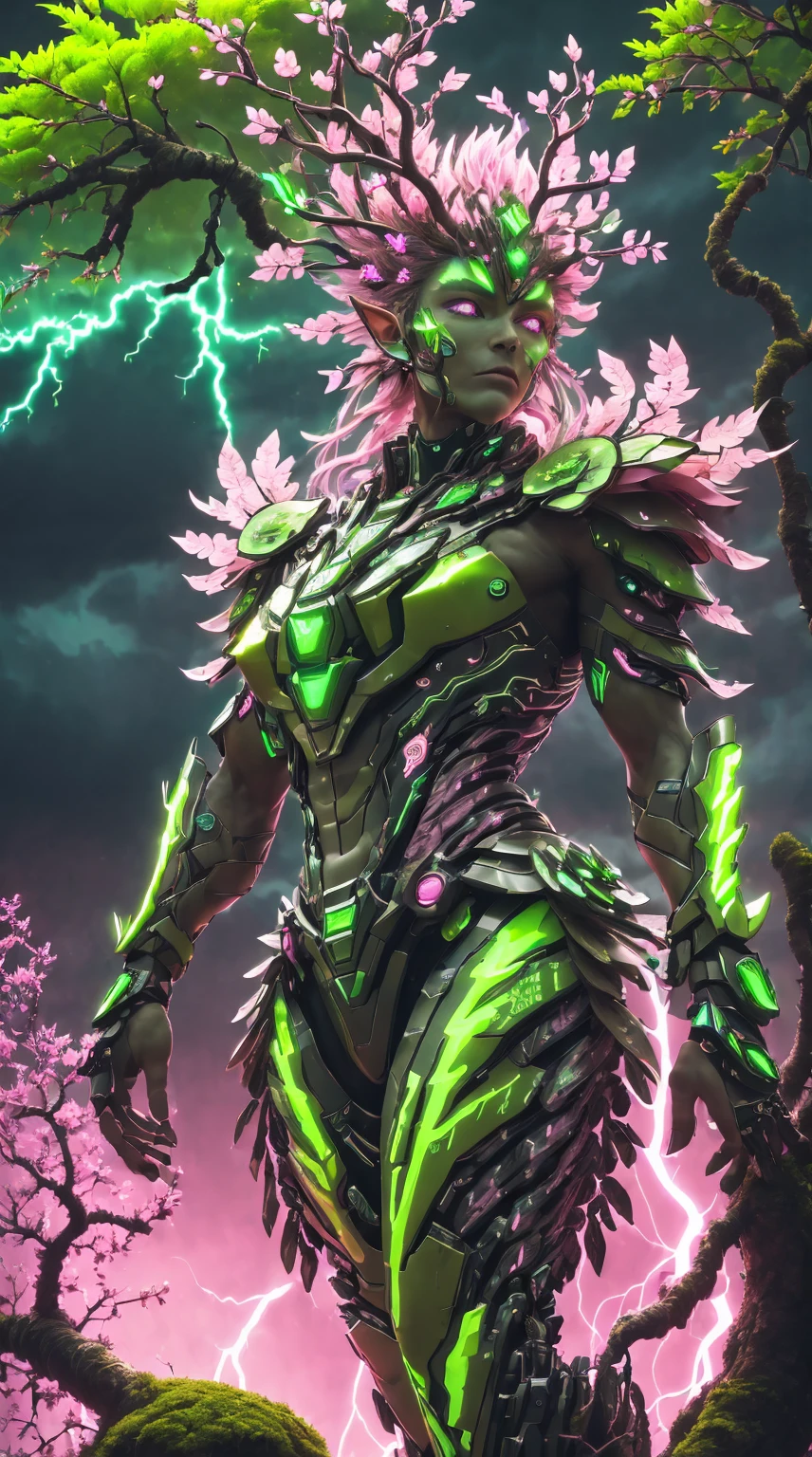 (A queen)，(Cyberpunk Treeman)，metal leaf，Wired branch，glowing light eyes，mechanical bark，bark covered with moss，tribe outfit，majestic figure，(ancient tribal markings)，Control the tendrils extending from the arms，Neon lights dance on the body，(Lightning around branches and leaves)，(peach blossom)，The petals are soft and delicate，vibrant with colors，(A harmonious blend of green and pink)，(Ominous dark clouds in the sky)，Night atmosphere，A futuristic，Vibrant colors and high-contrast lighting，Dramatic shadows and highlights.(Best quality at best, 4K, 8K, tmasterpiece: 1.2), ultradetailed, (actual, photograph realistic, photograph realistic: 1.37)