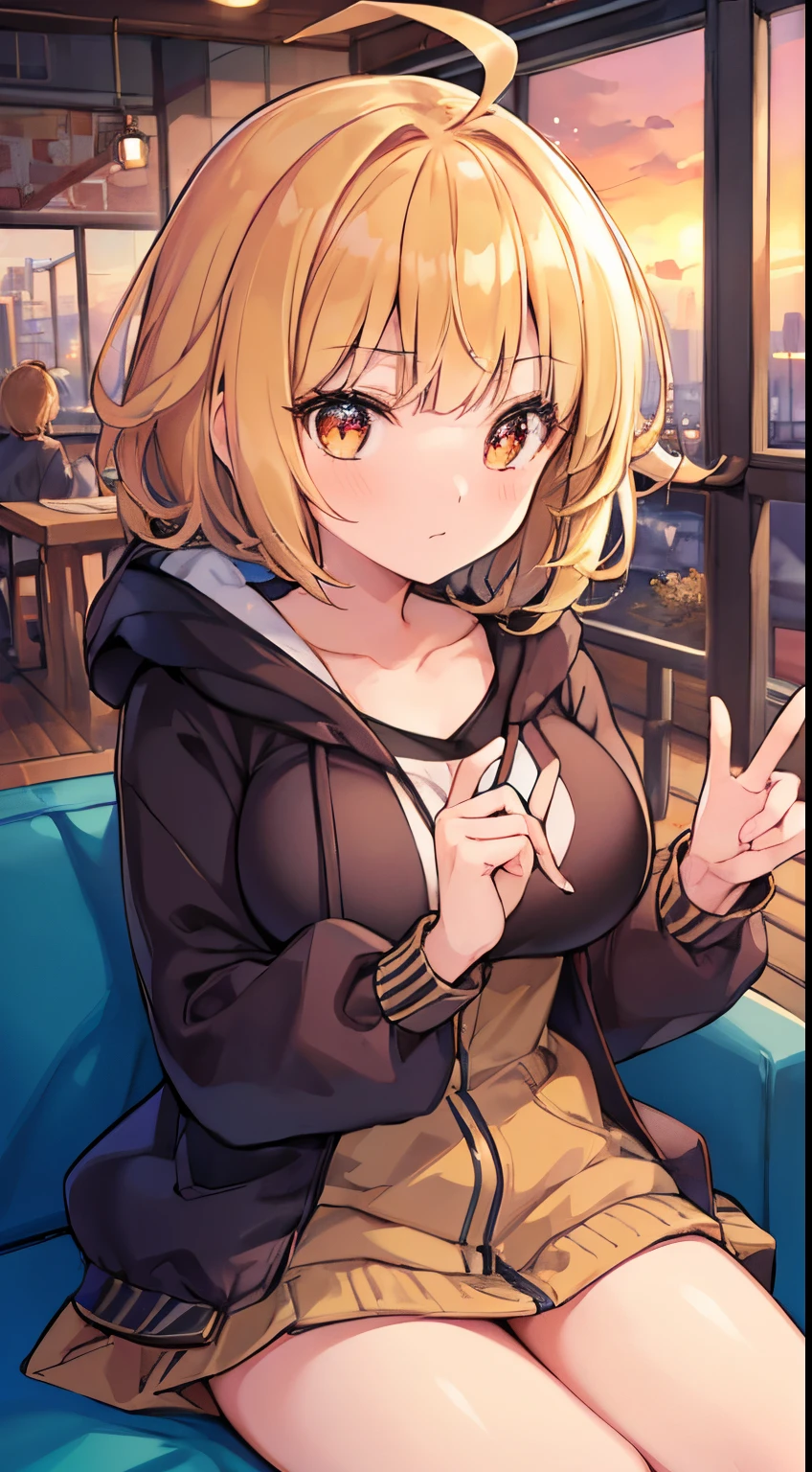 (masterpiece,best quality,highres,8k,ultra detailed,super fine illustration),nsfw,looking away,upper body,girl,blonde short hair,wavy hair,blunt bangs,ahoge,orange eys,bad mood,sparkling pupils,Parka,sweater,large breasts,pointy breasts,selfie,sit in a sofa,peace sign,hands on chest,sunset,coffee shop