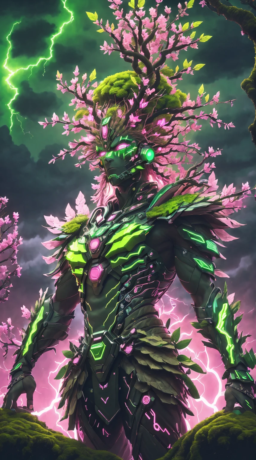 (A queen),(Cyberpunk Treeman),metal leaf,Wired branch,glowing light eyes,mechanical bark,bark covered with moss,tribe outfit,standing on top of a mountain,(ancient tribal markings),Control the tendrils extending from the arms,Neon lights dance on the body,(Lightning around branches and leaves),(peach blossom),The petals are soft and delicate,vibrant with colors,(A harmonious blend of green and pink),(Ominous dark clouds in the sky),Night atmosphere,A futuristic,Vibrant colors and high-contrast lighting,Dramatic shadows and highlights.(Best quality at best, 4K, 8K, tmasterpiece: 1.2), (actual, photograph realistic, photograph realistic: 1.37)