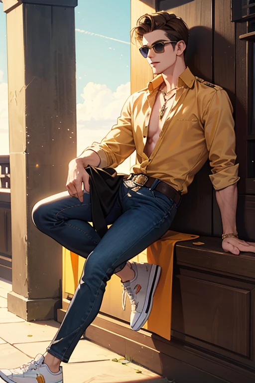 Timm has fair skin, messy brown hair, a curved neck, and chest hair. He wears an orange collared shirt with gold buttons, a black slim blazer with gold brass buttons over it, denim blue pants held by a brown buckled belt, and a gold necklace. He also wears gold-rimmed fancy sunglasses with brown to beige gradient-tinted lenses and black and white sneakers with yellow laces and mocha soles.