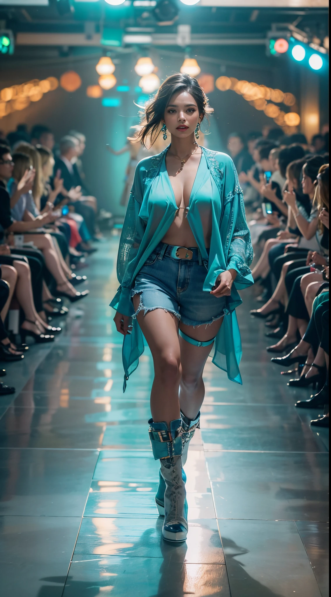 nsfw, 8k, best quality, highres, realistic, real person, A dynamic scene of a female model walking confidently down a runway, surrounded by a large audience under bright lights. The model is elegantly dressed in a high-fashion outfit, with the spotlight focused on her. She exudes confidence and grace as she strides forward. The audience is captivated, and the atmosphere is vibrant and glamorous, capturing the essence of a high-end fashion show. Turquoise jewelry, denim shorts, ankle boots, Big breasts, cleavage, beautiful legs, long beautiful legs, beautiful waist, exposed belly button