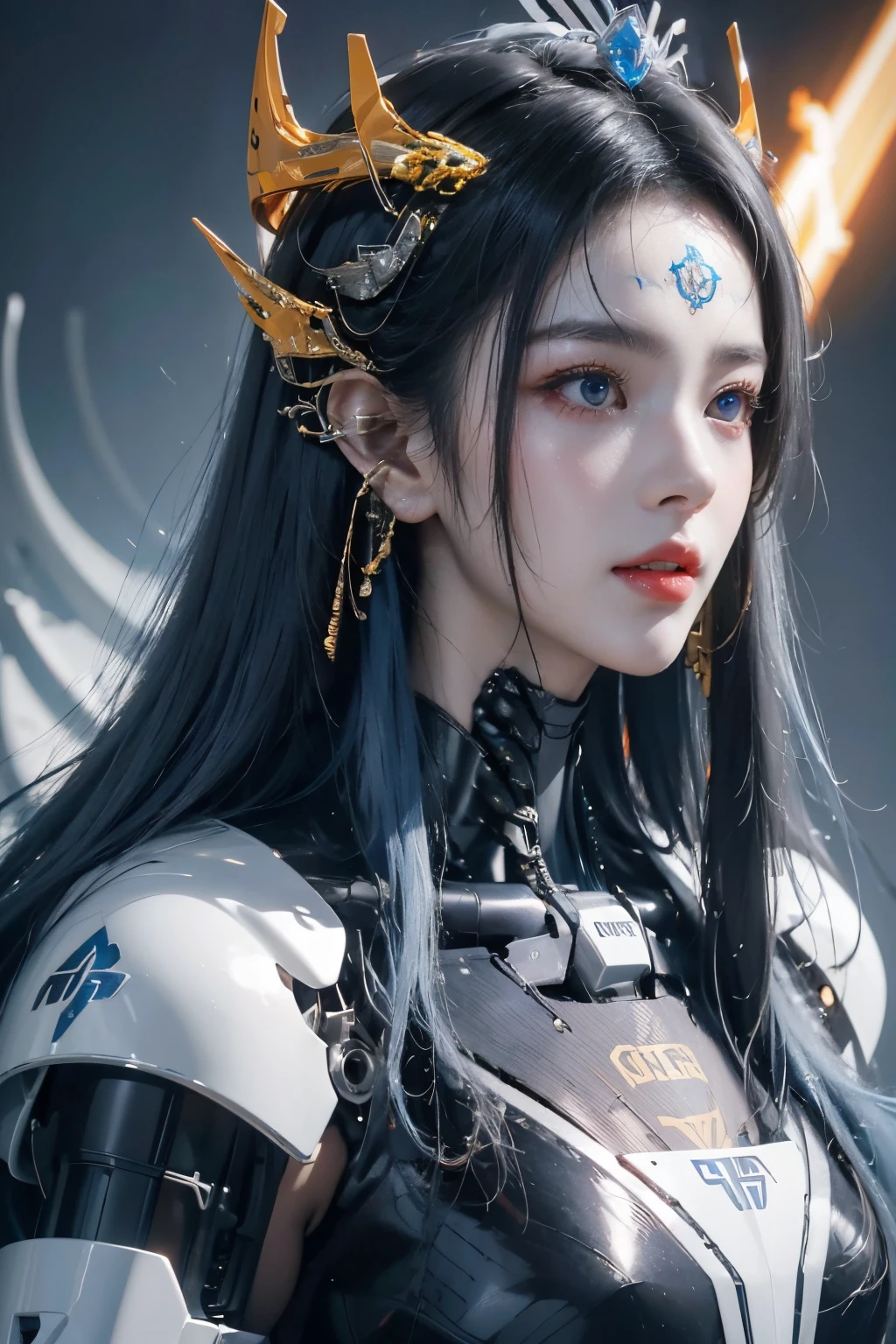 tmasterpiece,Best quality at best,A high resolution,8K,(portrait),(Close up of avatar),(RAW photogr),real photograph,digital photography,(cyberpunk queen),20岁女孩,long whitr hair,By bangs,(Black and blue gradient hair),(Glowing red eyes),Devil Eyes,Serious and charming,Mechanical body,Golden glowing electronic components,Golden wires and tubes connect the body,Complex golden electronic texture,Weird technology symbols,Green round forehead symbol,(Mechanical Crown),Keep your mouth shut,(Mechanical Queen),Photo pose,cyber punk perssonage,Future Style,gray world background,oc render reflection texture