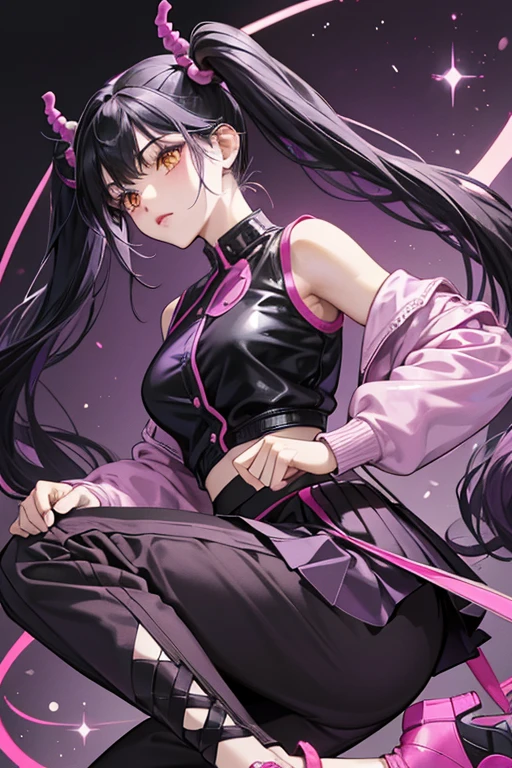 Tohru has pale skin and shoulder-length, black hair tied in pigtails held by purple beads. She wears a fuchsia pink leather jacket with black stitches and buttons over a dark purple shirt, black and dark purple layered skirt with pink buttons, a pair of dark gray pants, and black sneakers with silver soles and pink laces.