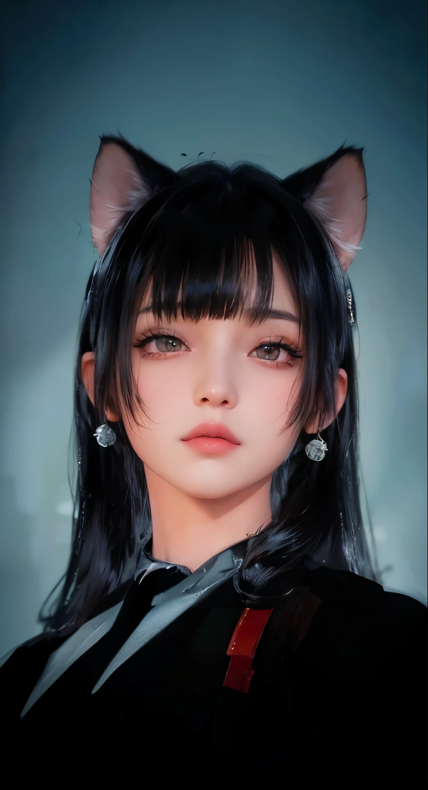 Girl, glossy dark black hair, black eyes, large sharp cat ears, sunrise, 4k Resolution