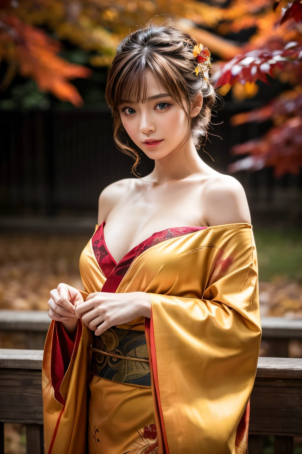 (masutepiece:1.3, Photorealsitic:1.4, 8K), top-quality, masterpiece, 超A high resolution, Professional camera work, Grow Light Effect, Realistic portrait, Cinematic Light, Highly detailed skin and facial texture:1.3, Perfect dynamic composition, The ultra-detailliert, A detailed eye, Detailed limbs, autumn night, Lit up, Autumn foliage scenery:1.2, 1girl in, Cute sexy 24 year old slim woman, Fair skin, Autumn leaves are dancing:1.2, (Enraptured look:0.9, Totally captivates you:1.0), (Golden kimono:1.35 off shoulder), (voluptuous breasts:0.9), (Backshots, Calm pose), (Beautiful blue eyes, Eyes that feel beautiful eros:0.85), Sexy face:0.4, (A mouthfeel that feels beautiful eros:0.85), ((Too cute beauty:0.9))