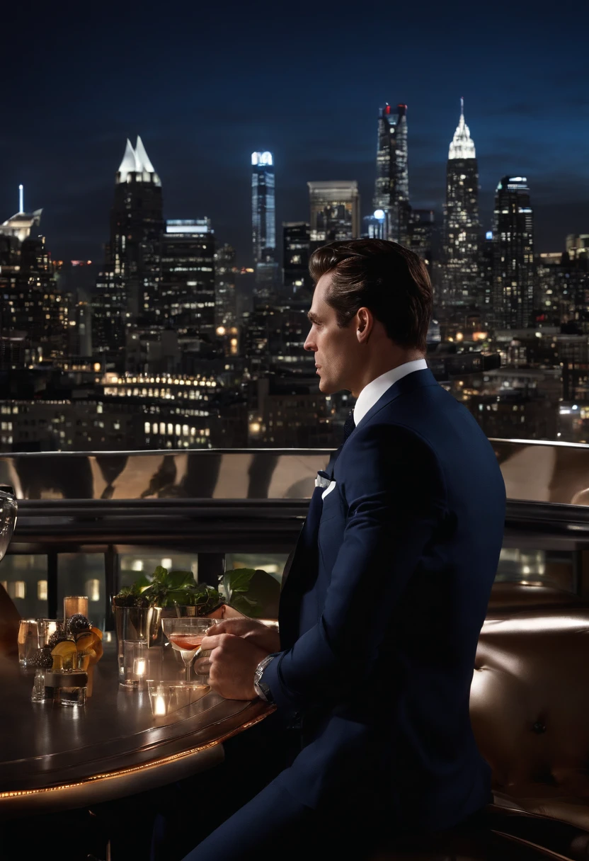 A photo of Bruce Wayne sipping a mocktail at a rooftop bar with a stunning view of the city skyline.,Batman,Bruce Wayne, the man behind the Batman persona, is a striking figure with a tall, athletic build and sharp, handsome features, often dressed in the finest suits as befitting his status as a billionaire playboy. His dark hair and piercing gaze give him a commanding presence, yet there’s always a hint of the enigmatic in his demeanor., male
