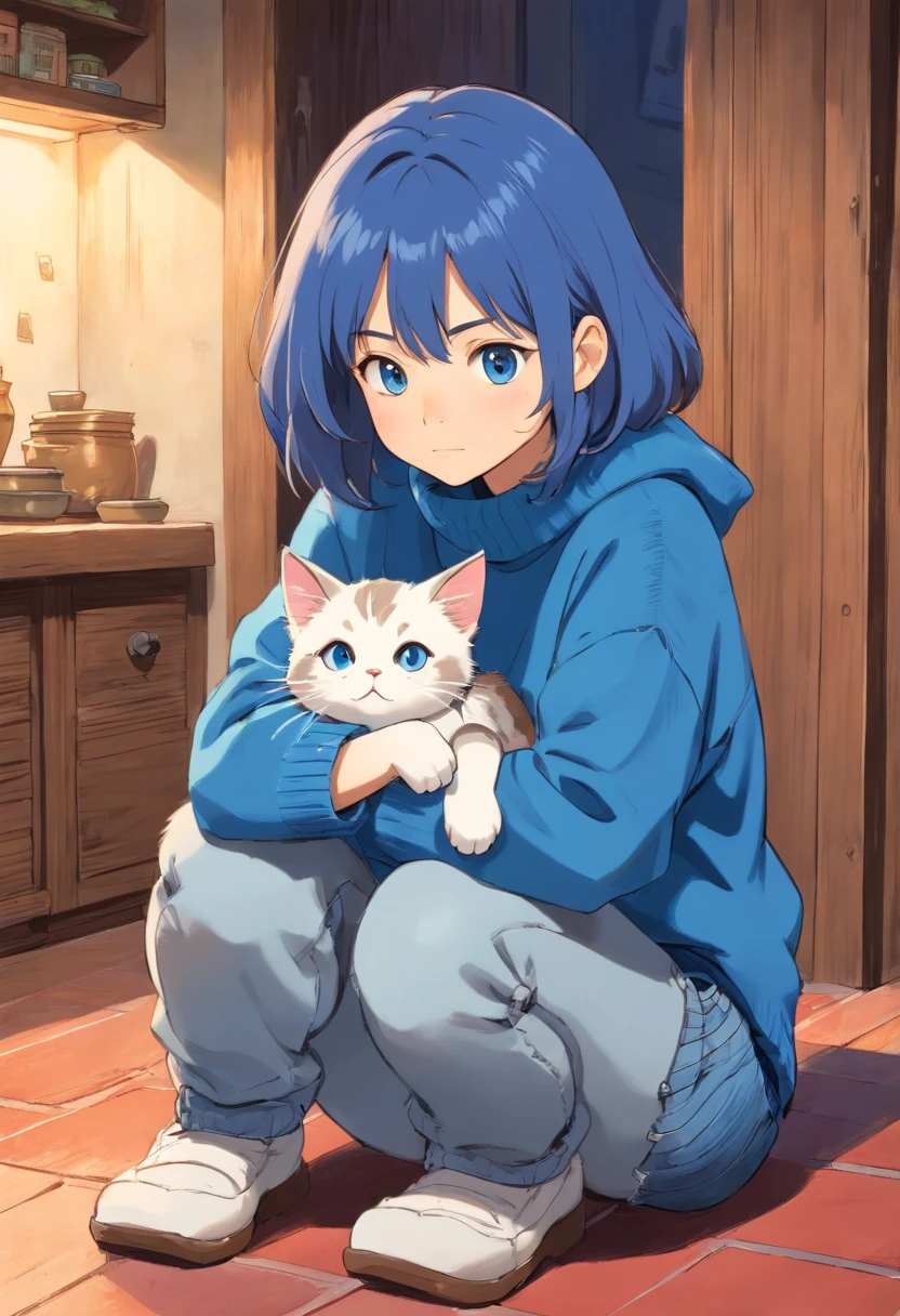 Girl in blue sweater and jeans squats sideways and looks at kitten