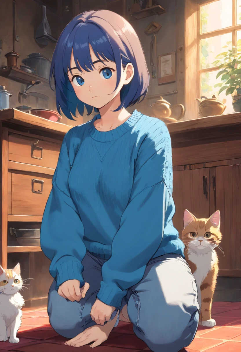 Girl in blue sweater and jeans squats sideways and looks at kitten