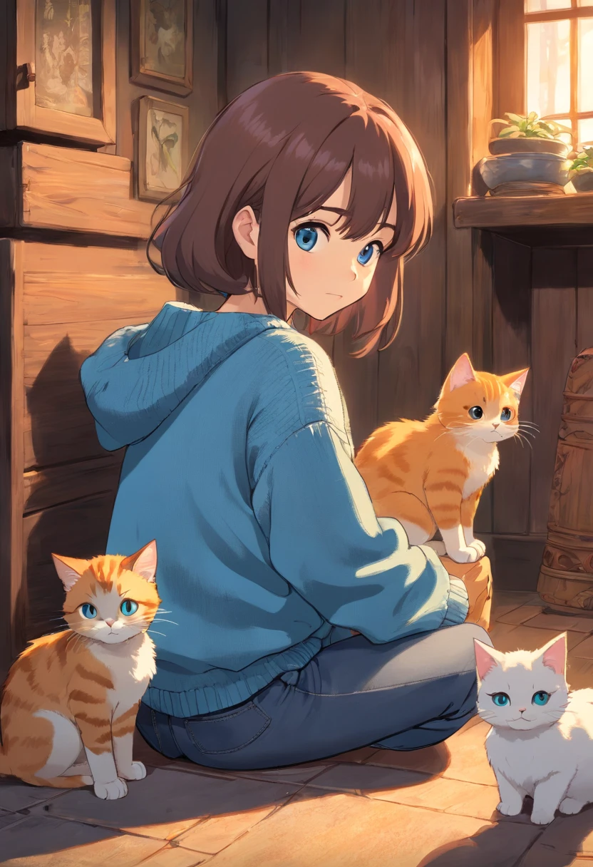 Girl in blue sweater and jeans squats sideways and looks at kitten