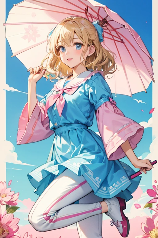 Yuko has wavy blonde hair, thin eyebrows, and pink eyeshadow. She wears a blue dress with floral patterns and pink lines, a white neckerchief, white, tri-layered sleeves, white pants, and pink wingtip shoes with light gray laces and soles. She also carries a white parasol with a pink inside, a pink top button, and a blue handle.
