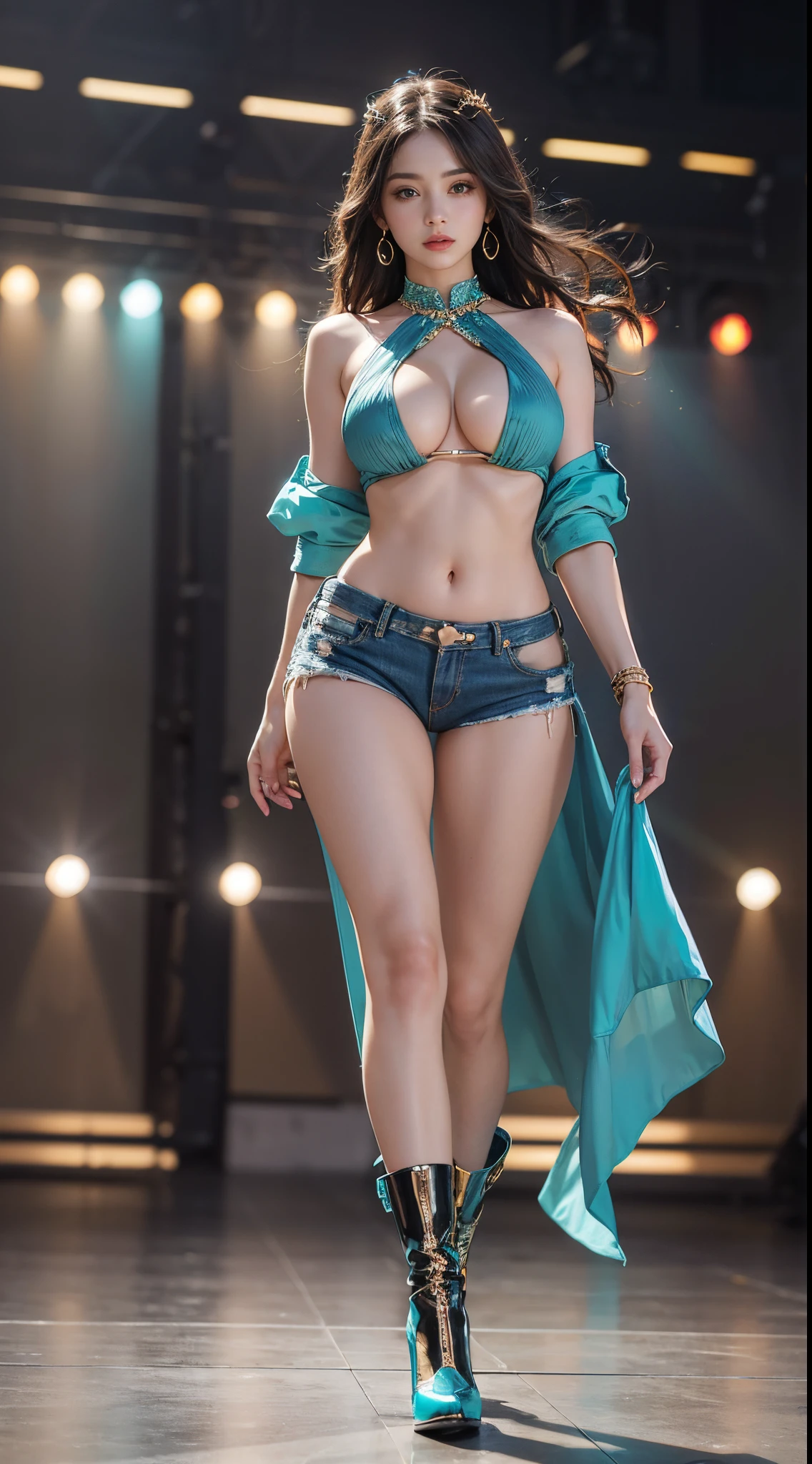 nsfw, 8k, best quality, highres, realistic, real person, A dynamic scene of a female model walking confidently down a runway, surrounded by a large audience under bright lights. The model is elegantly dressed in a high-fashion outfit, with the spotlight focused on her. She exudes confidence and grace as she strides forward. The audience is captivated, and the atmosphere is vibrant and glamorous, capturing the essence of a high-end fashion show. Turquoise jewelry, denim shorts, ankle boots, Big breasts, cleavage, beautiful legs, long beautiful legs, beautiful waist, exposed belly button