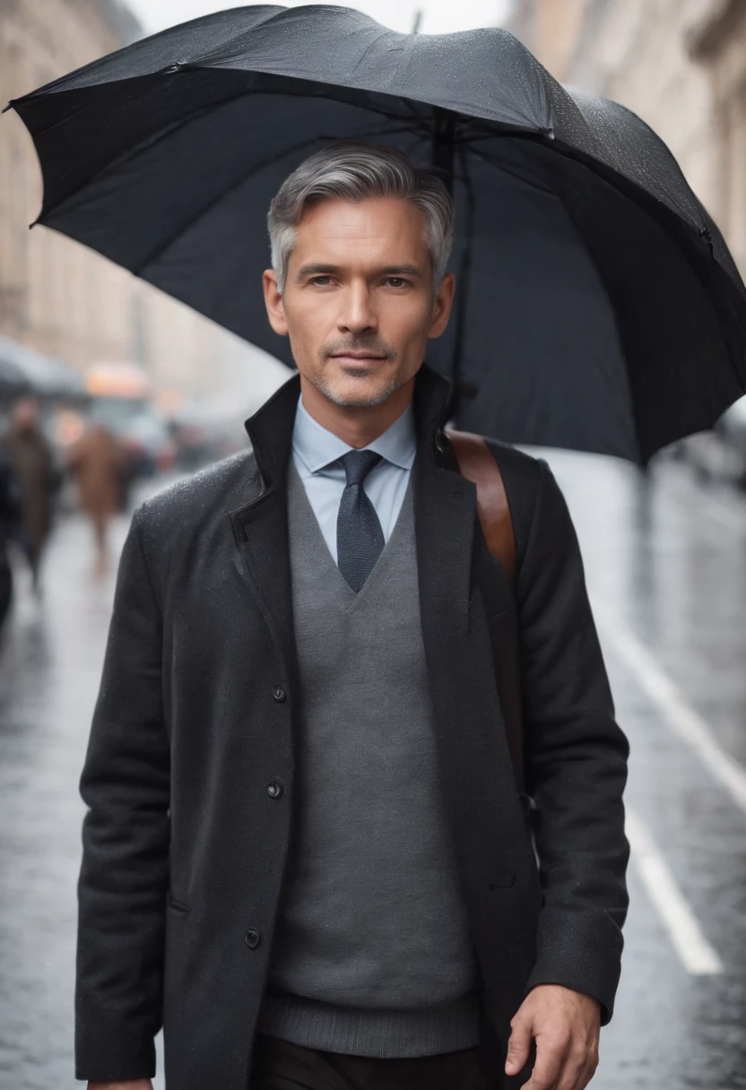 one business man age 40 yers old, handsome, walking on the road in the city, with black umbrella, grey hair, morning rain, dslr, full body.