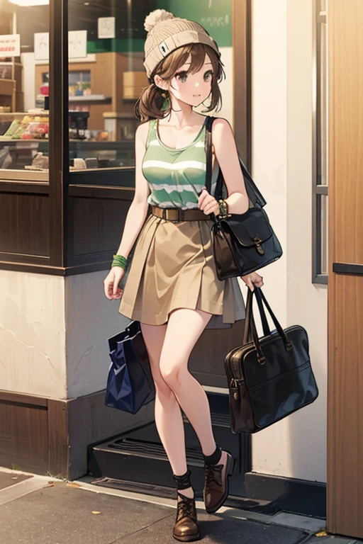 Yui has long, light brown hair split into two braided ponytails. She wears a green beanie, a green and beige-striped tank-top with beige straps, a brown skirt held by a rope belt, brown bracelets on both wrists, and tan shoes with brown soles and laces. She also carries a brown travel bag.