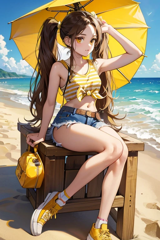 Ram-chan,invader,Very tiny tiger stripe bikini, There are so many horizontal stripes in bikinis,Face forward and spread your legs wide., Big Ass,Resort Beach, sun, Highest quality, mouth open with fangs visible, High definition, Variegated eyes, Beautiful Eyes, beautiful girl, Large Breasts, blush,(Two small demon horns on the head),Sunlight shining from the front,Big Breasts,The swimsuit is digging in.Has horns on its head,He/She is not holding anything in his/her mouth.,