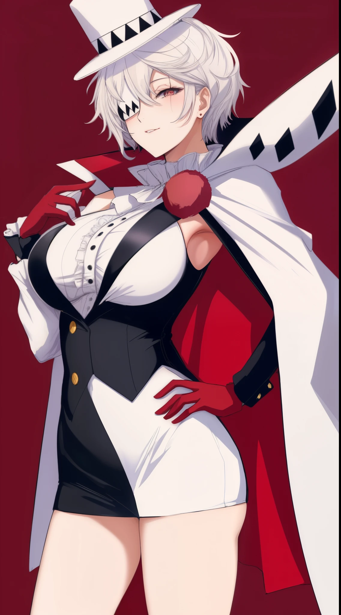 Female nikolai, solo, gloves, long sleeves, hat, white hair, frills, cape, hand on hip, red gloves, top hat, looking at viewer, ((red background, simple background)), super hot girl, average breast