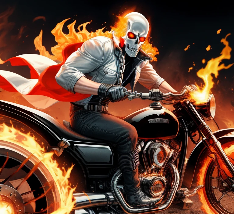 ghost rider, in action, using chains, white fire instead of red, super muscular