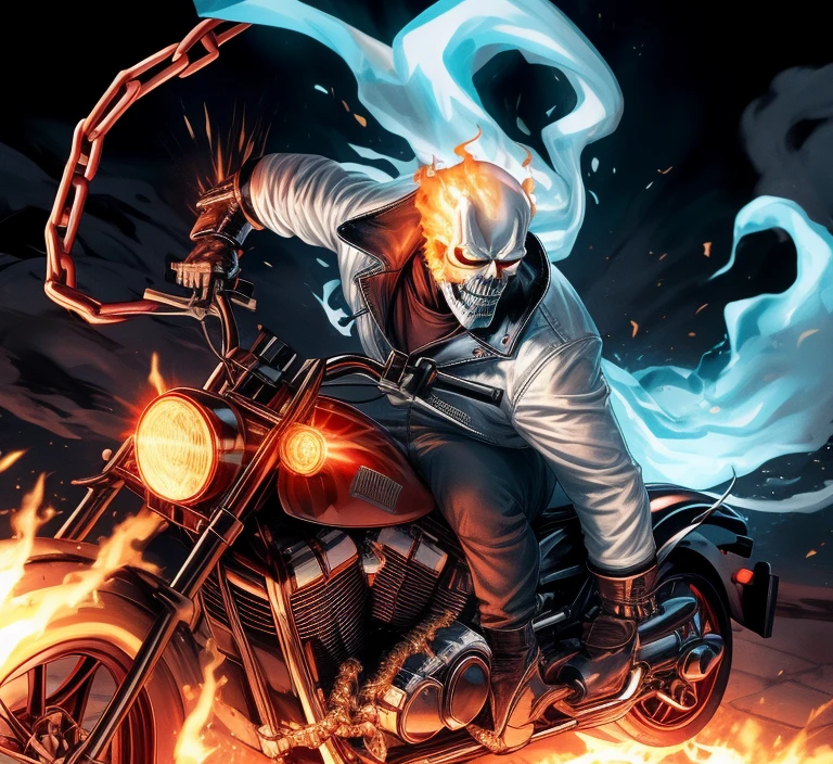ghost rider, in action, using chains, white fire instead of red, super muscular