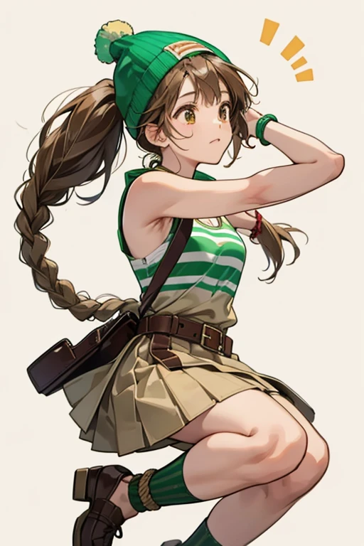 Yui has long, light brown hair split into two braided ponytails. She wears a green beanie, a green and beige-striped tank-top with beige straps, a brown skirt held by a rope belt, brown bracelets on both wrists, and tan shoes with brown soles and laces.