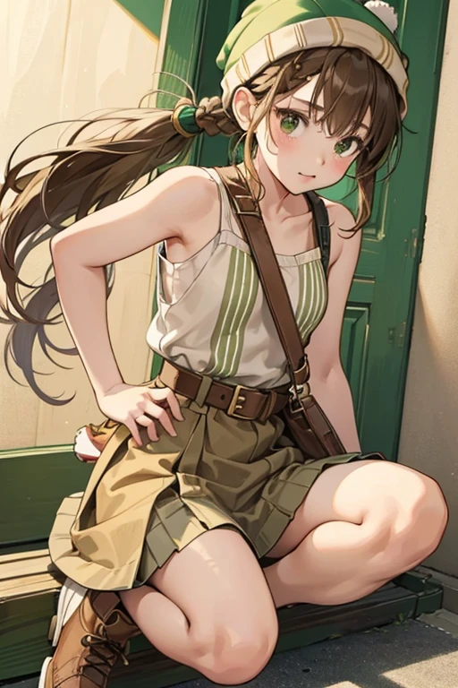 Yui has long, light brown hair split into two braided ponytails. She wears a green beanie, a green and beige-striped tank-top with beige straps, a brown skirt held by a rope belt, brown bracelets on both wrists, and tan shoes with brown soles and laces.