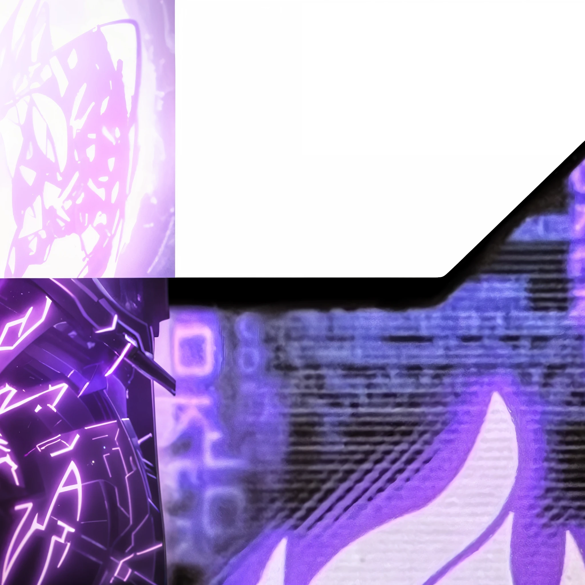 Close up of mouse pad with purple and black logo, Severe blurry jpeg artifacts, holo sticker, purple luminous inscription, PURPLE NEON MONITOR LIGHT, corrupted files, Heavy jpeg artifacts, Discord profile picture, profile picture 1024px, 16k upscaled image, y 2 k network core, purple tornado, purple glowing core in armor