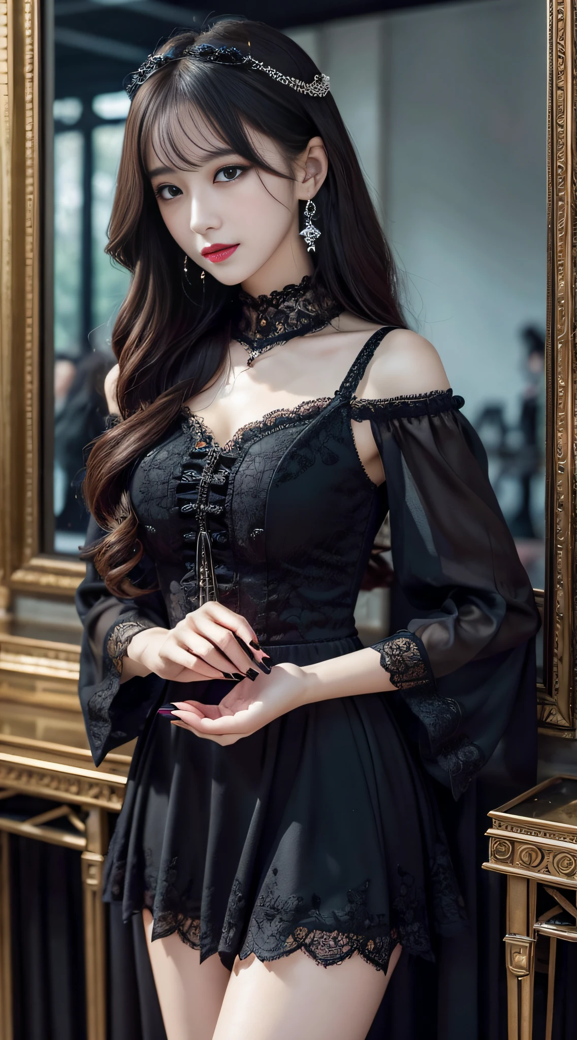 Ultra-detailed、Fascinating beauty、Dainty woman、Cool Girl、Wavy Hair、Black chiffon dress、Wide sleeves、flered skirt、Evil Female Executive、Evil Fall、brainwash、lacy fabric、Glossy legs、black lipstick、Evil look、Suspicious look、Hollow eyes、wicked、Reaching out、Over Head Shot、Hold your hand over it、stand up