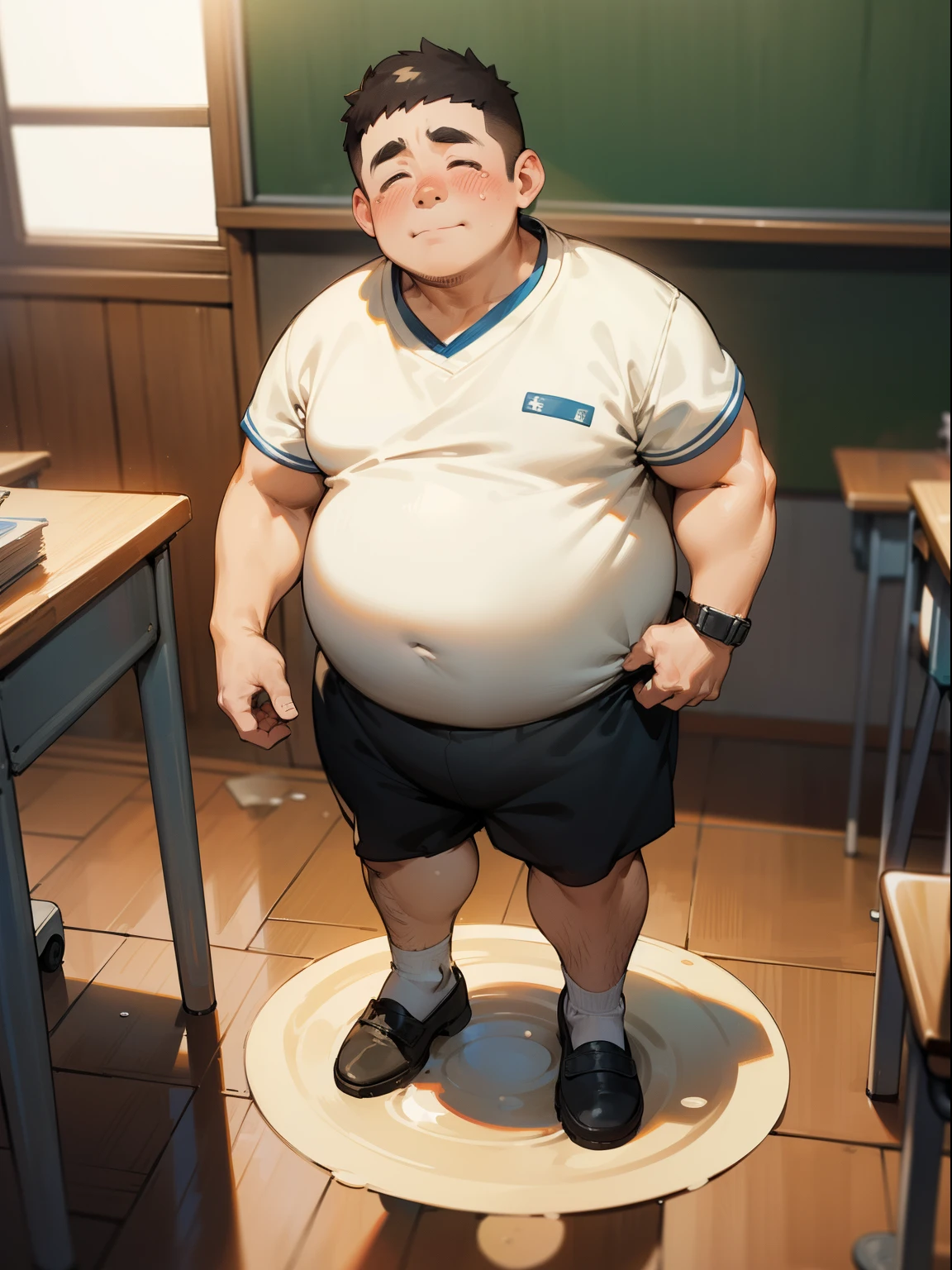 A thick man is 50yo in japan, 1man, stand and slouching look down, dwarfism, Wearing a infant under wear, Pampers, Bowleg, Bare legs, shirtless, obesity with a protruding belly, short stature and short limbs, Round face, crew cut, Shy, tearful, sobbing, There is a small puddle at his feet, classroom, a picture, high detail photo, masterpiece